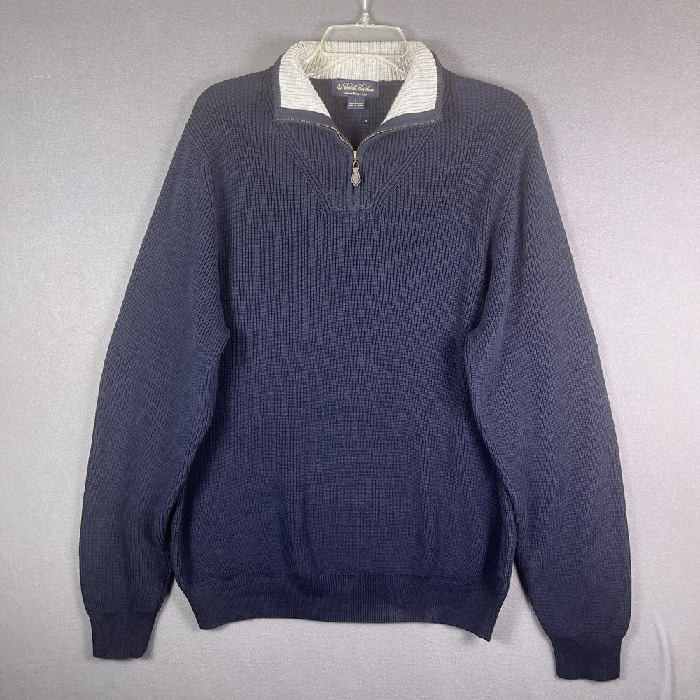 Brooks Brothers Blue Supima Cotton Knit 1/4 Zip Mock Neck Pullover Sweater L - Picture 1 of 6